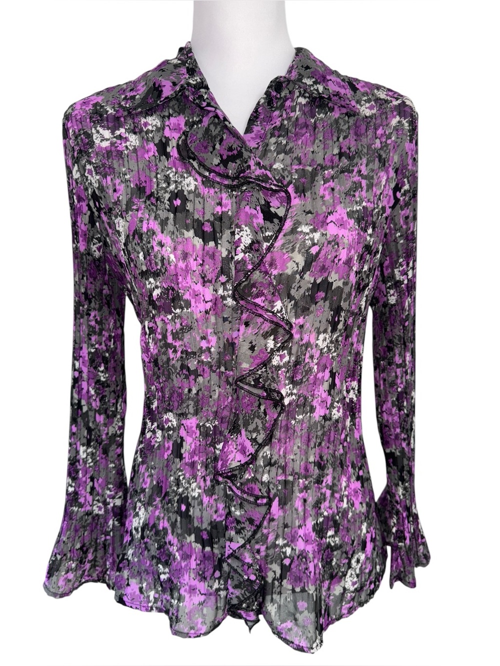 Apt 9 Petite PL Ruffle Front Blouse Purple Gray Floral‎ Long Sleeve Top